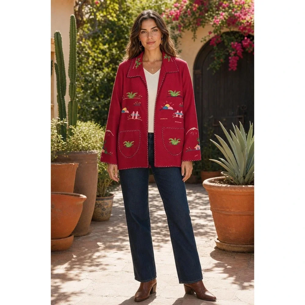 Vintage Creaciones Anahuac Wool Jacket Women's M Red Mexican Folk Art Retro